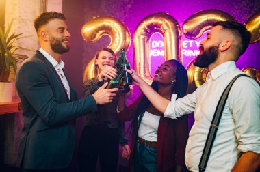 Seçkin ve çekici çok ırklı arkadaşlar gece yarısı kulüpte yılbaşı partisini kutluyorlar. Dört farklı genç insan bir partide alkol şişeleriyle kadeh kaldırırken eğleniyor ve dans ediyor...