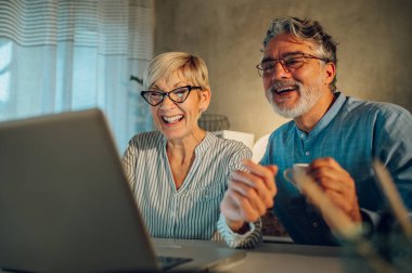 Evde dizüstü bilgisayarla oturmuş gülen ve kaynaşan mutlu bir çiftin portresi. Gülümseyen kıdemli eşler internette gezinirken ve birlikte vakit geçirirken eğleniyorlar..