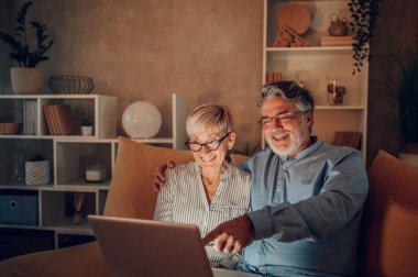 Evde dizüstü bilgisayarda iyi haberler okuyan ve birlikte internet kullanan mutlu bir çift. Gülümseyen yaşlı eşler posta okuyor, faturaları ödüyor, sabahları birlikte eğleniyorlar..