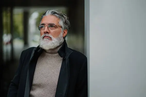 Bir şirket binasının önünde duran başarılı bir kıdemli işadamının portresi. İş toplantısından sonra ofis dışında yaşlı bir yönetici. Gri saçlı ve sakallı olgun erkek.