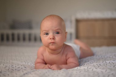 Sevimli bebek, üzerinde sadece bebek bezi varken karnının üstünde yatıyor.