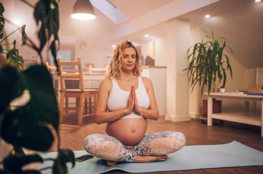 Genç hamile bir kadının portresi evde yoga yaparken katlanmış avuçlarıyla bir fitness minderinde oturuyor. Doğum öncesi kasıklar gerilir. Yoga ve fitnes. Lotus pozisyonu. Boşluğu kopyala.