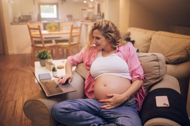 Evde dizüstü bilgisayarda çalışan ve rahat bir sandalyede oturan hamile bir kadının portresi. Uzayı kopyala Hamile kadın, doğum ve ebeveynliğe hazırlanırken dizüstü bilgisayarla alışveriş yapıyor..