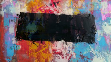 soyut renk ve şekillerin ve başlık için büyük siyah fotokopi alanının rengarenk, çarpıcı ve gevşek fırça darbeleri