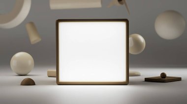 Ürün görüntüleme veya sunum kapağı için yumuşak odak içinde parlayan ışık kutusu ve geometrik elementlerin ve şekillerin bulanık arkaplanı