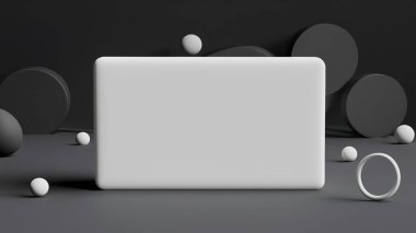 Ürün gösterimi ya da sunum kapağı için uzayda uçuşan tahtanın ya da düğmenin ve çeşitli geometrik elementlerin bulanık arkaplanı ya da çeşitli geometrik şekiller