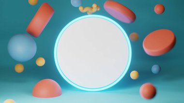 Ürün gösterimi ya da sunum kapağı için uzayda uçuşan tahtanın ya da düğmenin ve çeşitli geometrik elementlerin bulanık arkaplanı ya da çeşitli geometrik şekiller