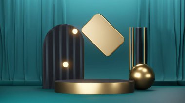 Ürün görüntüleme ve sunum için soyut geometrik elementler, şekiller ve arkaplan ve yumuşak odaklı 3D sahne ile podyum