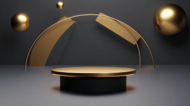 Ürün görüntüleme ve sunum için soyut geometrik elementler, şekiller ve arkaplan ve yumuşak odaklı 3D sahne ile podyum