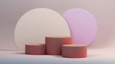 Ürün görüntüleme ve sunum için soyut geometrik elementler, şekiller ve arkaplan ve yumuşak odaklı 3D sahne ile podyum