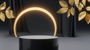 Ürün görüntüleme ve sunum için soyut geometrik elementler, şekiller ve arkaplan ve yumuşak odaklı 3D sahne ile podyum