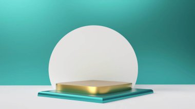 Ürün görüntüleme ve sunum için soyut geometrik elementler, şekiller ve arkaplan ve yumuşak odaklı 3D sahne ile podyum