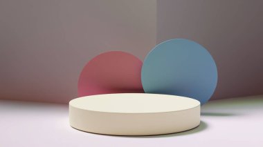 Ürün görüntüleme ve sunum için soyut geometrik elementler, şekiller ve arkaplan ve yumuşak odaklı 3D sahne ile podyum