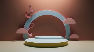 Ürün görüntüleme ve sunum için soyut geometrik elementler, şekiller ve arkaplan ve yumuşak odaklı 3D sahne ile podyum