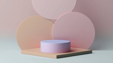 Ürün görüntüleme ve sunum için soyut geometrik elementler, şekiller ve arkaplan ve yumuşak odaklı 3D sahne ile podyum