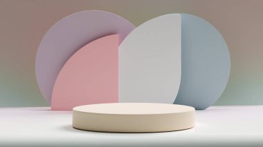 Ürün görüntüleme ve sunum için soyut geometrik elementler, şekiller ve arkaplan ve yumuşak odaklı 3D sahne ile podyum