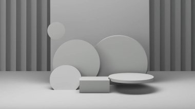 Ürün görüntüleme ve sunum için soyut geometrik elementler, şekiller ve arkaplan ve yumuşak odaklı 3D sahne ile podyum