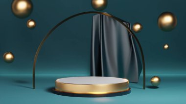Ürün görüntüleme ve sunum için soyut geometrik elementler, şekiller ve arkaplan ve yumuşak odaklı 3D sahne ile podyum