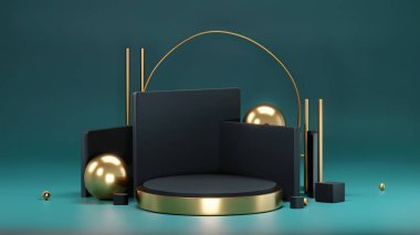 Ürün görüntüleme ve sunum için soyut geometrik elementler, şekiller ve arkaplan ve yumuşak odaklı 3D sahne ile podyum