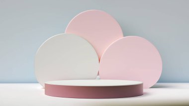Ürün görüntüleme ve sunum için soyut geometrik elementler, şekiller ve arkaplan ve yumuşak odaklı 3D sahne ile podyum
