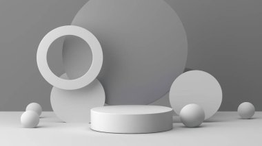 Ürün görüntüleme ve sunum için soyut geometrik elementler, şekiller ve arkaplan ve yumuşak odaklı 3D sahne ile podyum