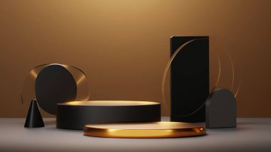 Ürün görüntüleme ve sunum için soyut geometrik elementler, şekiller ve arkaplan ve yumuşak odaklı 3D sahne ile podyum