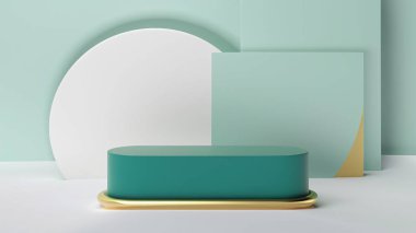 Ürün görüntüleme ve sunum için soyut geometrik elementler, şekiller ve arkaplan ve yumuşak odaklı 3D sahne ile podyum