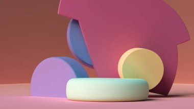 Ürün görüntüleme ve sunum için soyut geometrik elementler, şekiller ve arkaplan ve yumuşak odaklı 3D sahne ile podyum