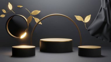 Ürün görüntüleme ve sunum için soyut geometrik elementler, şekiller ve arkaplan ve yumuşak odaklı 3D sahne ile podyum