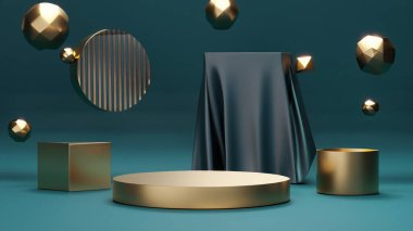 Ürün görüntüleme ve sunum için soyut geometrik elementler, şekiller ve arkaplan ve yumuşak odaklı 3D sahne ile podyum
