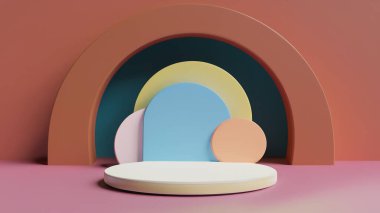 Ürün görüntüleme ve sunum için soyut geometrik elementler, şekiller ve arkaplan ve yumuşak odaklı 3D sahne ile podyum