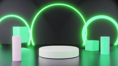 Ürün görüntüleme ve sunum için soyut geometrik elementler, şekiller ve arkaplan ve yumuşak odaklı 3D sahne ile podyum