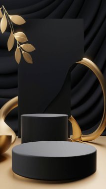 Ürün görüntüleme ve sunum için soyut geometrik elementler, şekiller ve arkaplan ile podyum dikey telefon ekranı için yumuşak odaklı 3D sahne