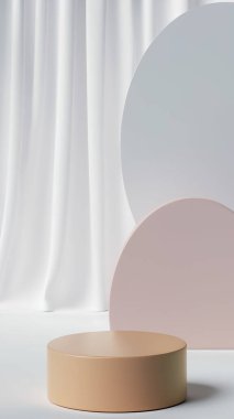 Ürün görüntüleme ve sunum için soyut geometrik elementler, şekiller ve arkaplan ile podyum dikey telefon ekranı için yumuşak odaklı 3D sahne