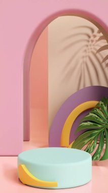 Ürün görüntüleme ve sunum için soyut geometrik elementler, şekiller ve arkaplan ile podyum dikey telefon ekranı için yumuşak odaklı 3D sahne