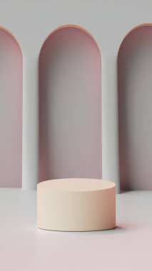Ürün görüntüleme ve sunum için soyut geometrik elementler, şekiller ve arkaplan ile podyum dikey telefon ekranı için yumuşak odaklı 3D sahne