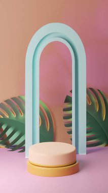 Ürün görüntüleme ve sunum için soyut geometrik elementler, şekiller ve arkaplan ile podyum dikey telefon ekranı için yumuşak odaklı 3D sahne