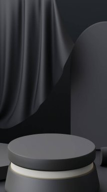 Ürün görüntüleme ve sunum için soyut geometrik elementler, şekiller ve arkaplan ile podyum dikey telefon ekranı için yumuşak odaklı 3D sahne