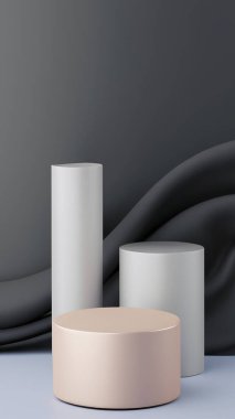 Ürün görüntüleme ve sunum için soyut geometrik elementler, şekiller ve arkaplan ile podyum dikey telefon ekranı için yumuşak odaklı 3D sahne