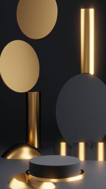 Ürün görüntüleme ve sunum için soyut geometrik elementler, şekiller ve arkaplan ile podyum dikey telefon ekranı için yumuşak odaklı 3D sahne