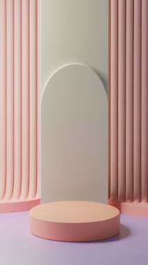 Ürün görüntüleme ve sunum için soyut geometrik elementler, şekiller ve arkaplan ile podyum dikey telefon ekranı için yumuşak odaklı 3D sahne