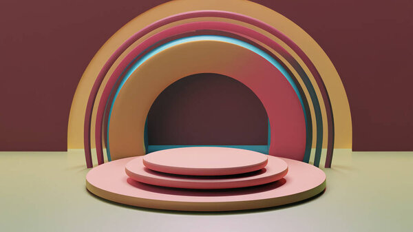 Podium with abstract geometric elements and shapes and background for product display and presentation 3D rendered scene in soft focus
