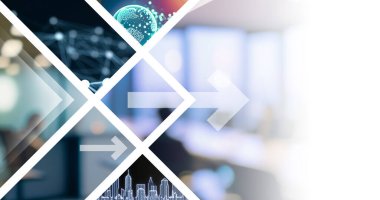 iş teknolojisi arka planı olarak çeşitli bulanık resimlerin kolajı veya başlık için fotokopi alanı ile sunum kapağı