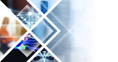 iş teknolojisi arka planı olarak çeşitli bulanık resimlerin kolajı veya başlık için fotokopi alanı ile sunum kapağı