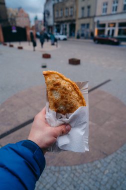 Cheburek, genellikle Doğu Avrupa ve Orta Asya mutfağında popüler olan kıyma ve baharatla dolu lezzetli ve bol yağda kızartılmış bir hamur işidir. Yüksek kalite fotoğraf