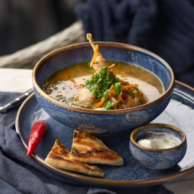 Sebze ve baharatlı bıldırcın eti çorbası. Restoran menüsü. Sağlıklı, lezzetli bir yemek. Metin için boş alan