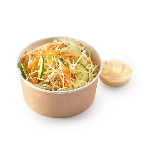 Fresh Cabbage Carrot Salad Paper Bowl Take Away Food Delivery — Stock Photo, Image