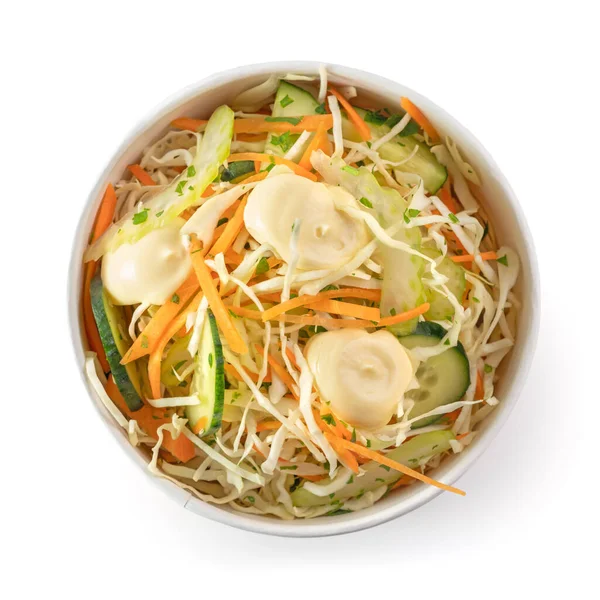 stock image Fresh cabbage and carrot salad in a paper bowl for take away or food delivery isolated on a white background. top view