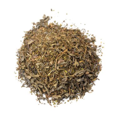 Green tea with mint on white background. Close up. Top view. Close up.
