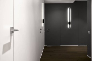 Kapalı, dahili kapısı olan parlak bir koridor. Yaklaş, minimalist yaşam alanı.